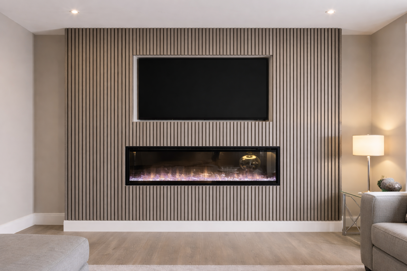 Custom TV wall design with hidden storage