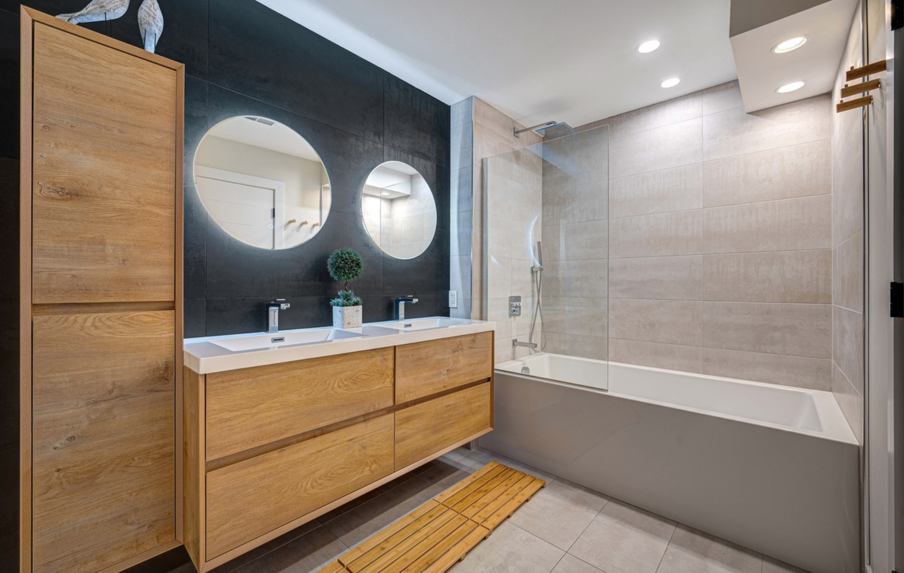 Custom bathroom vanity cabinetry with durable detailing